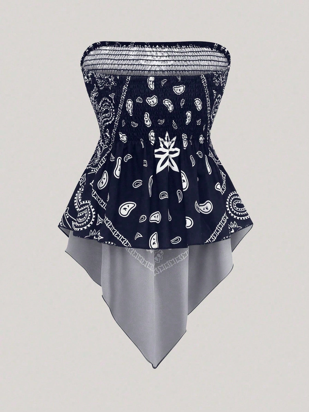 Holidaya Plus Size Women's Retro Navy Blue Cashew Flower Bandeau Camisole Top,Summer Boho Beach Holiday Off-Shoulder Cinched Waist Cropped Bandana Blouse