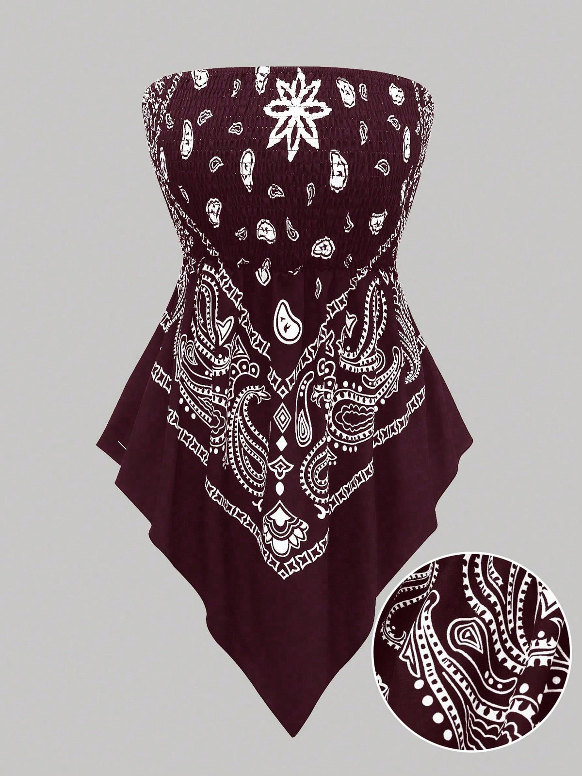 Holidaya Plus Size Women's Retro Navy Blue Cashew Flower Bandeau Camisole Top,Summer Boho Beach Holiday Off-Shoulder Cinched Waist Cropped Bandana Blouse