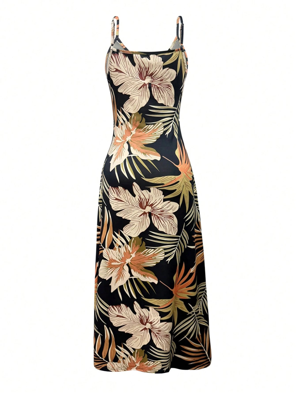 Holidaya Women's Knitted Fabric Black Midi Dress With Tropical Random Print And Strappy Neckline