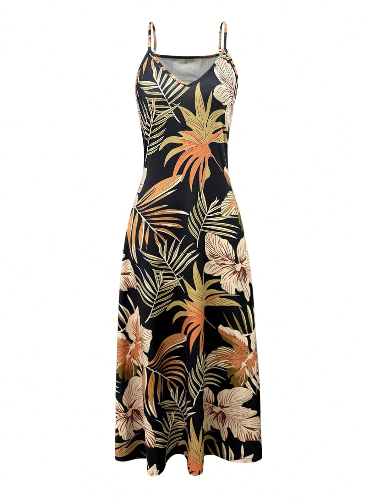 Holidaya Women's Knitted Fabric Black Midi Dress With Tropical Random Print And Strappy Neckline