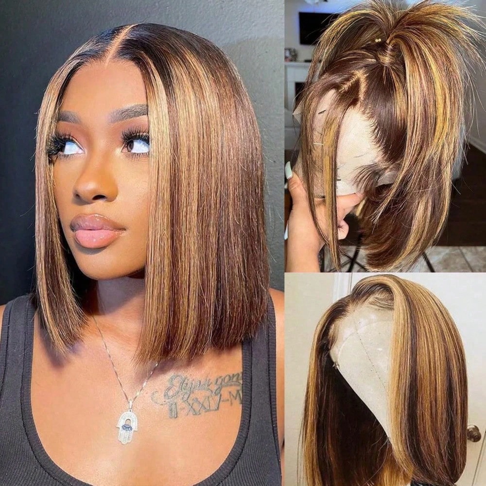 Honey Blonde 4/27 Short Bob Wigs Human Hair Highlight Straight Bob Lace Frontal Wigs For Women 100% Human Hair Put On And Go Glueless 12inch 13x4 Transparent Lace Front Wig 150% Density Colored Lace F