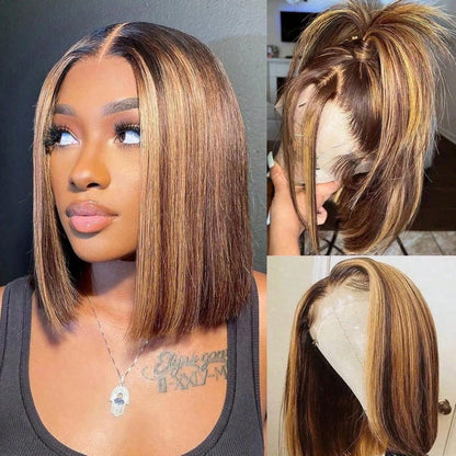 Honey Blonde 4/27 Short Bob Wigs Human Hair Highlight Straight Bob Lace Frontal Wigs For Women 100% Human Hair Put On And Go Glueless 12inch 13x4 Transparent Lace Front Wig 150% Density Colored Lace F