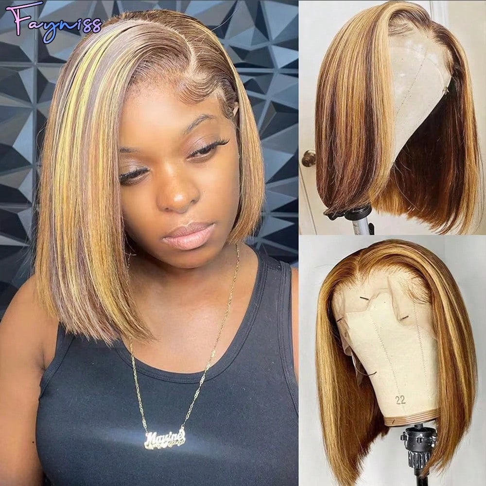 Honey Blonde 4/27 Short Bob Wigs Human Hair Highlight Straight Bob Lace Frontal Wigs For Women 100% Human Hair Put On And Go Glueless 12inch 13x4 Transparent Lace Front Wig 150% Density Colored Lace F