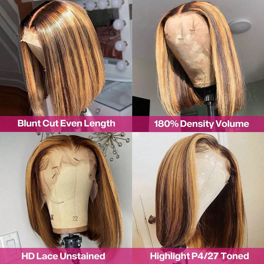 Honey Blonde 4/27 Short Bob Wigs Human Hair Highlight Straight Bob Lace Frontal Wigs For Women 100% Human Hair Put On And Go Glueless 12inch 13x4 Transparent Lace Front Wig 150% Density Colored Lace F