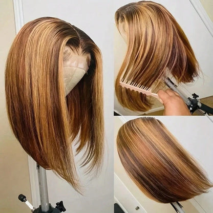 Honey Blonde 4/27 Short Bob Wigs Human Hair Highlight Straight Bob Lace Frontal Wigs For Women 100% Human Hair Put On And Go Glueless 12inch 13x4 Transparent Lace Front Wig 150% Density Colored Lace F