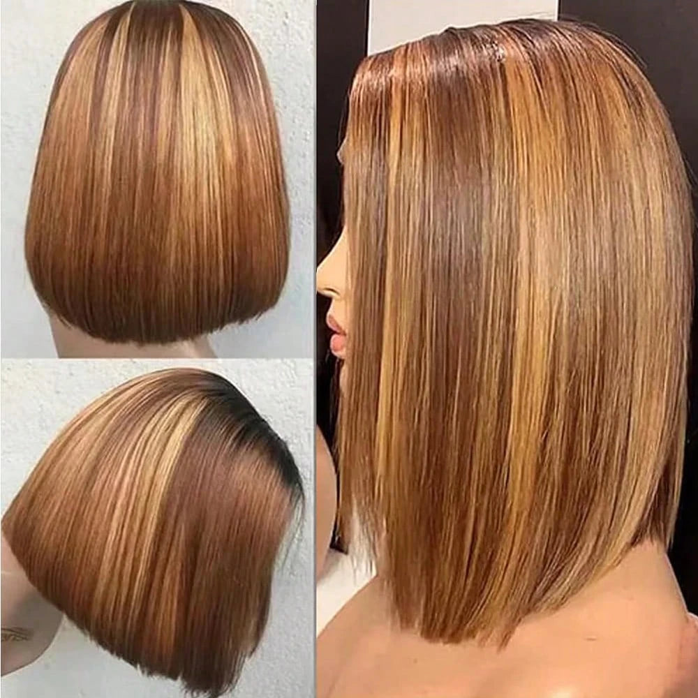 Honey Blonde 4/27 Short Bob Wigs Human Hair Highlight Straight Bob Lace Frontal Wigs For Women 100% Human Hair Put On And Go Glueless 12inch 13x4 Transparent Lace Front Wig 150% Density Colored Lace F