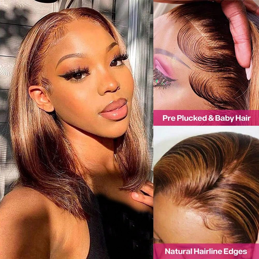Honey Blonde 4/27 Short Bob Wigs Human Hair Highlight Straight Bob Lace Frontal Wigs For Women 100% Human Hair Put On And Go Glueless 12inch 13x4 Transparent Lace Front Wig 150% Density Colored Lace F