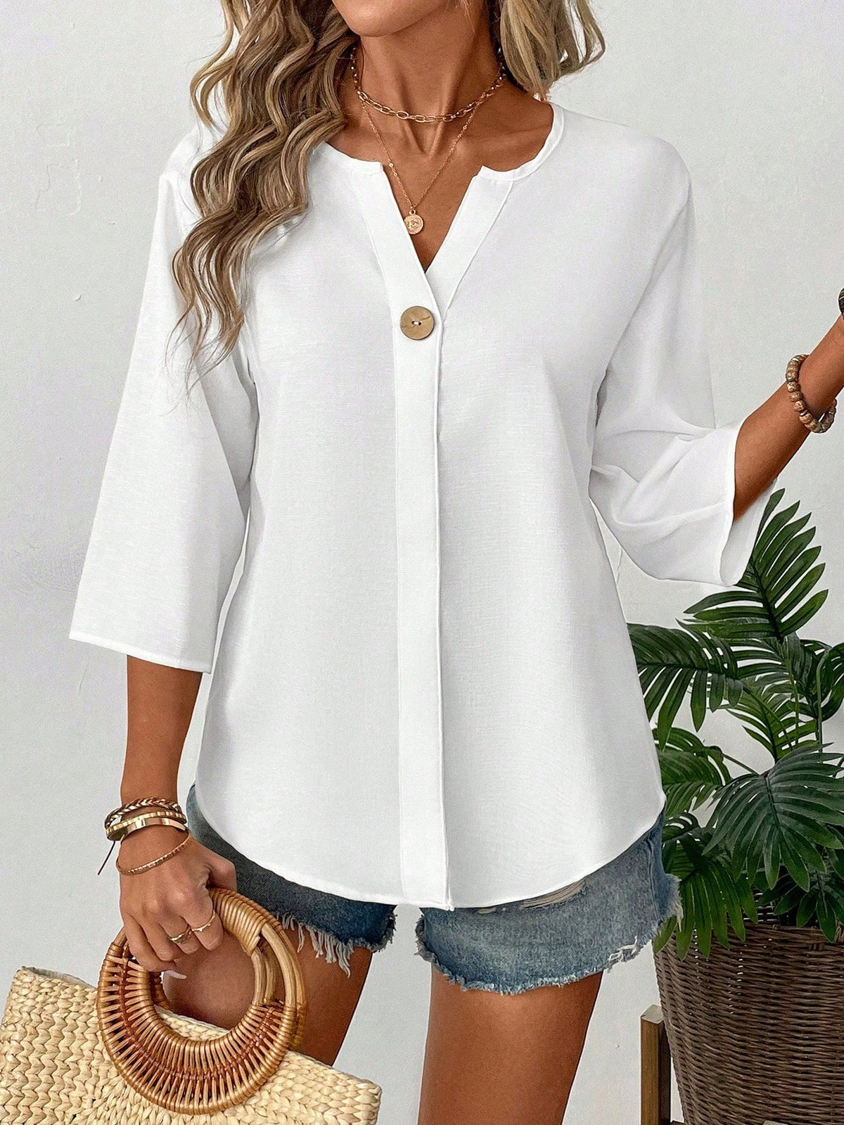 Hotletica Women's Solid Color V-Neck Button Front Casual & Commute Minimalist Blouse