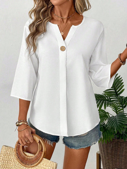 Hotletica Women's Solid Color V-Neck Button Front Casual & Commute Minimalist Blouse