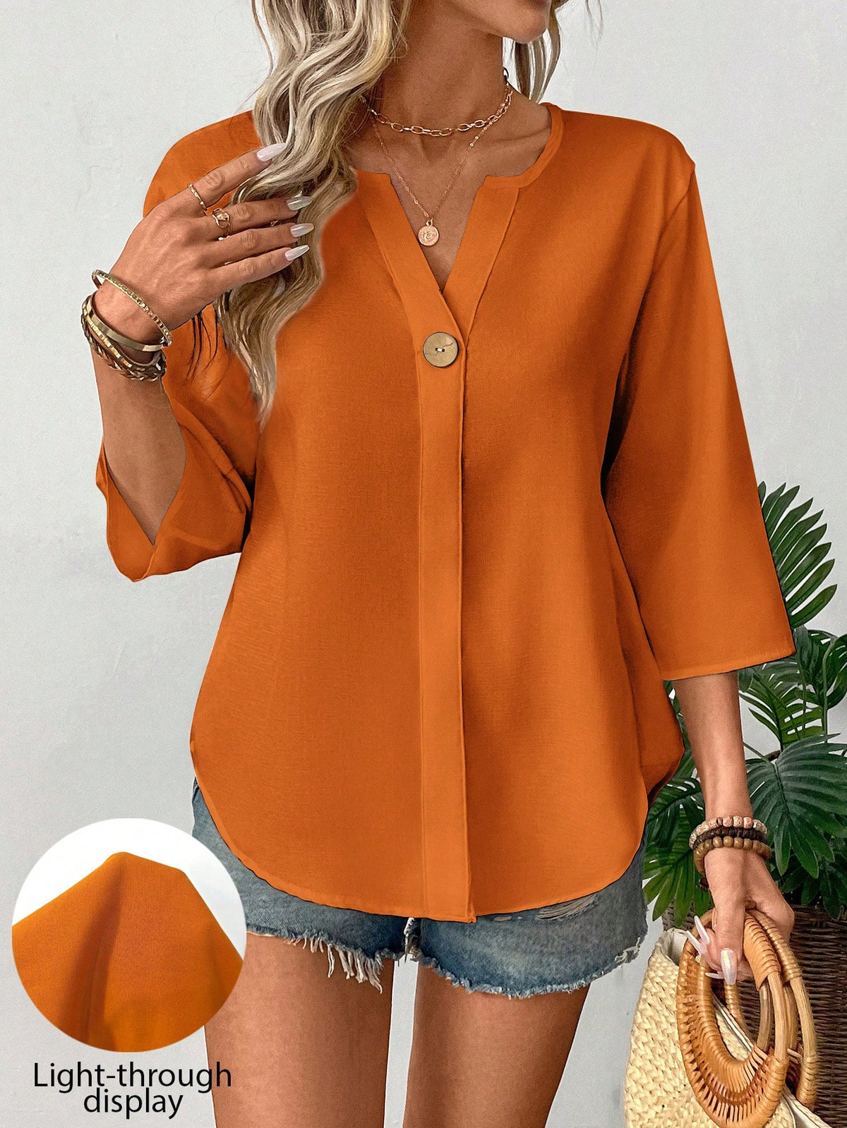 Hotletica Women's Solid Color V-Neck Button Front Casual & Commute Minimalist Blouse