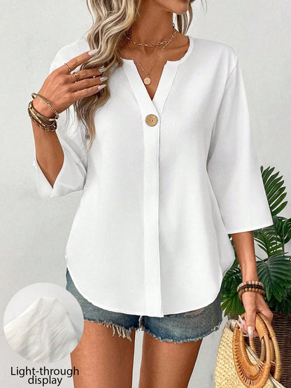 Hotletica Women's Solid Color V-Neck Button Front Casual & Commute Minimalist Blouse