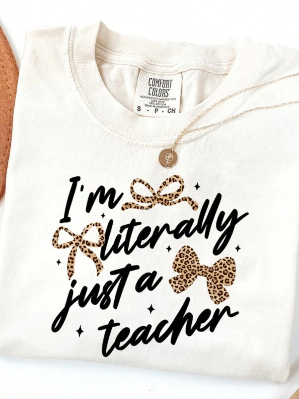 I'm Literally Just A Teacher Shirt Leopard Bow Graphic Tee Funny School Outfit For Women Cute Back To School Gift Aesthetic Top