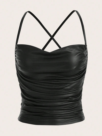 ICON Draped Front Crisscross Backless PU Leather Cami Going Out Tops