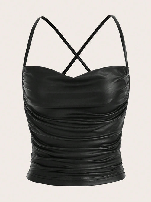 ICON Draped Front Crisscross Backless PU Leather Cami Going Out Tops