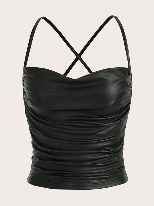 ICON Draped Front Crisscross Backless PU Leather Cami Going Out Tops