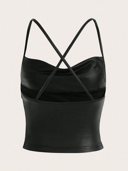 ICON Draped Front Crisscross Backless PU Leather Cami Going Out Tops