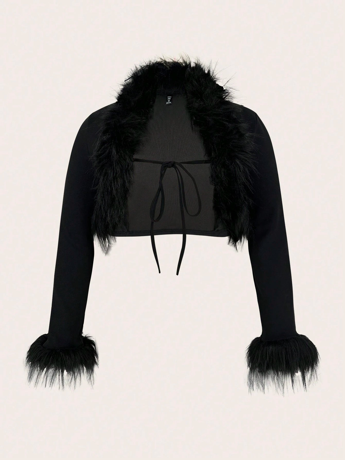 ICON Plus Black Y2k Fuzzy Trim Tie Front Crop Jacket Winter Fall Autumn