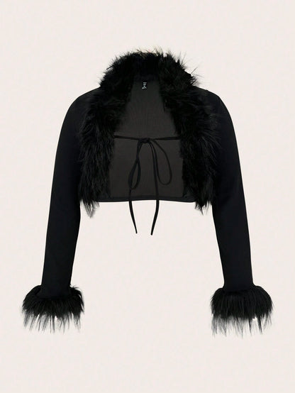 ICON Plus Black Y2k Fuzzy Trim Tie Front Crop Jacket Winter Fall Autumn