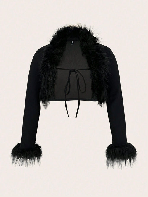 ICON Plus Black Y2k Fuzzy Trim Tie Front Crop Jacket Winter Fall Autumn