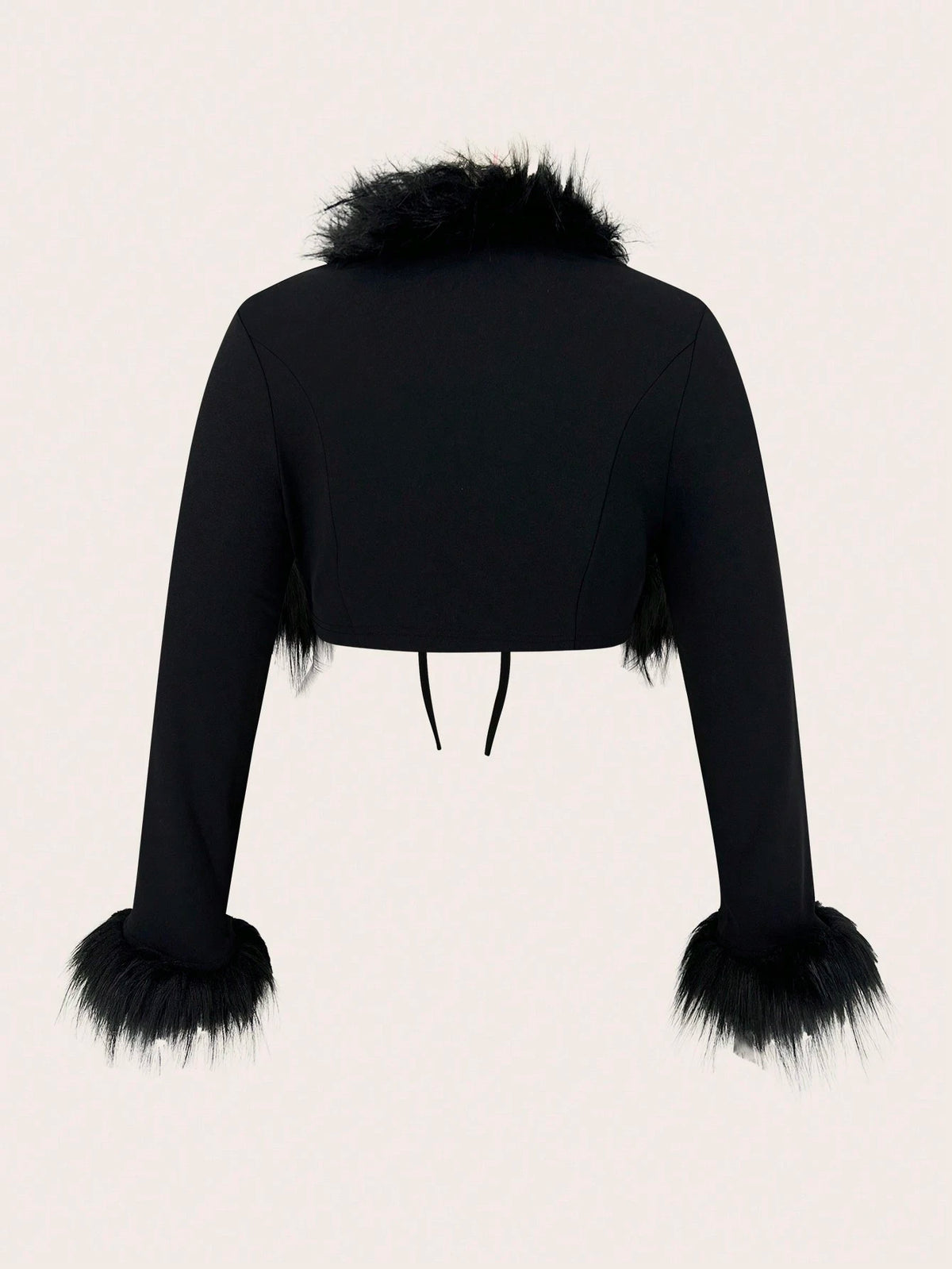 ICON Plus Black Y2k Fuzzy Trim Tie Front Crop Jacket Winter Fall Autumn