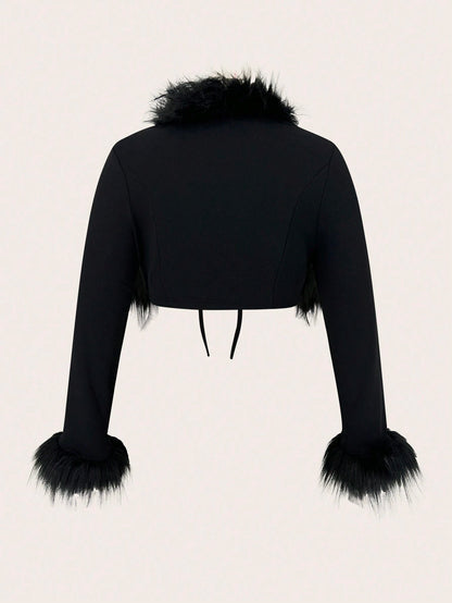 ICON Plus Black Y2k Fuzzy Trim Tie Front Crop Jacket Winter Fall Autumn