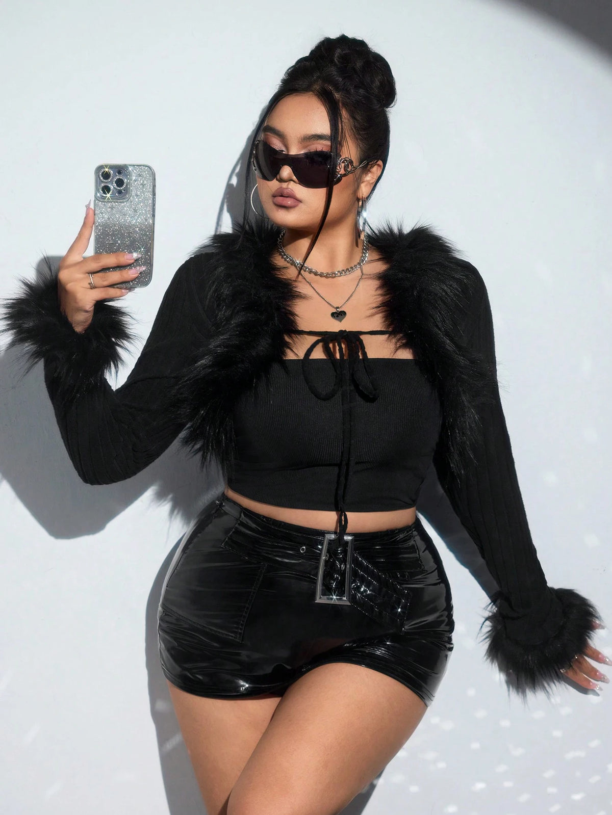 ICON Plus Black Y2k Fuzzy Trim Tie Front Crop Jacket Winter Fall Autumn