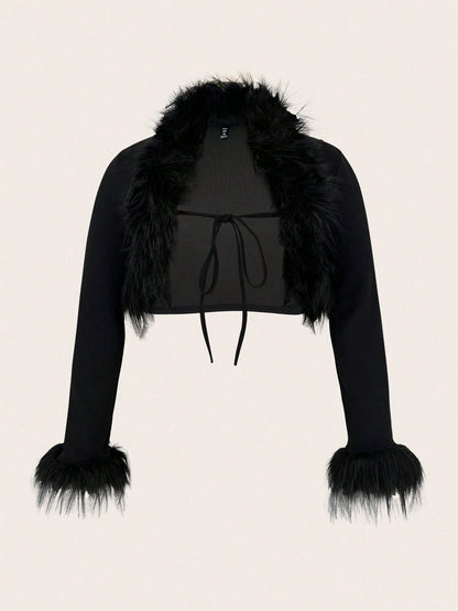 ICON Plus Black Y2k Fuzzy Trim Tie Front Crop Jacket Winter Fall Autumn