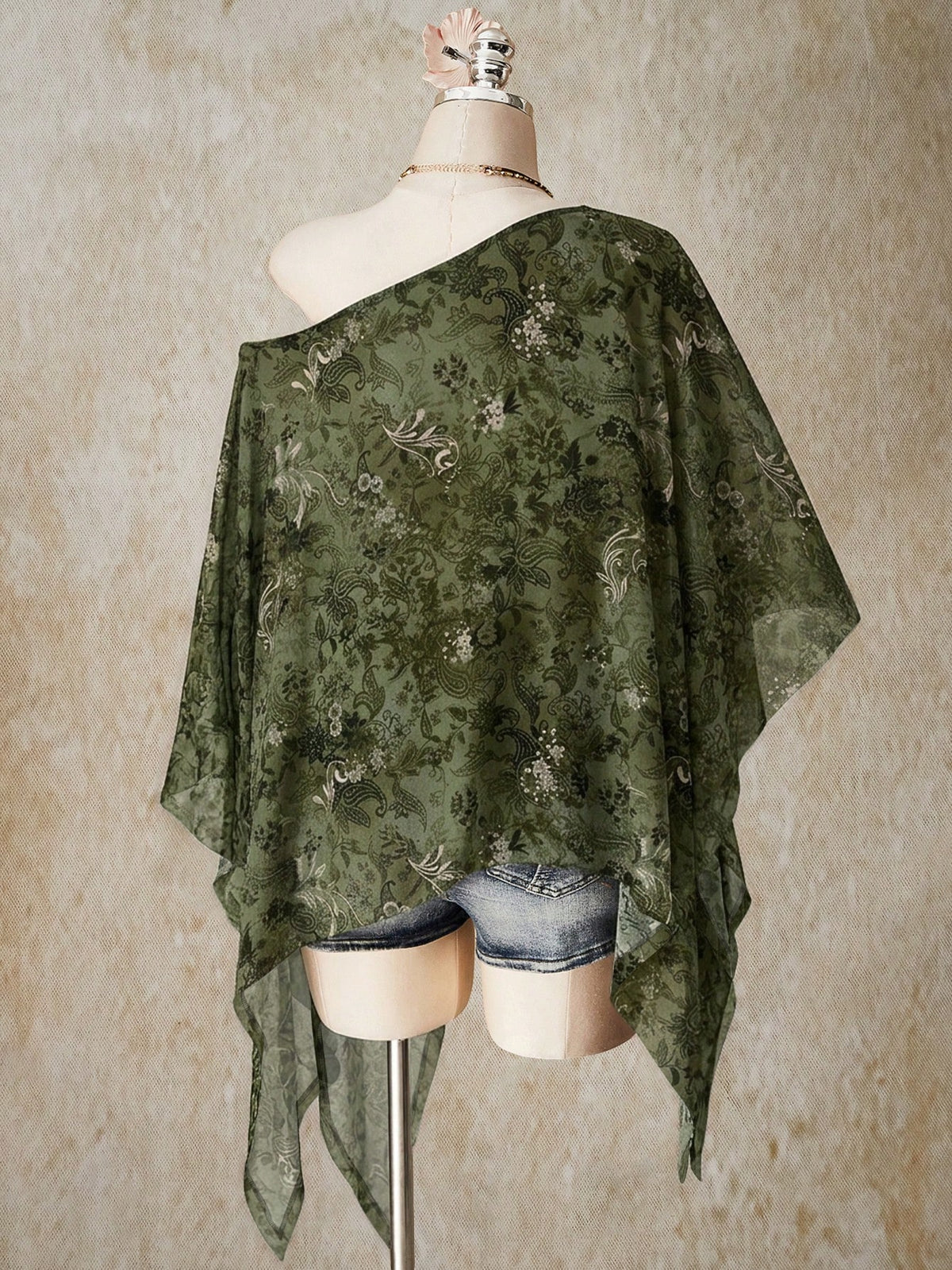ICON Plus Size Women's Vacation Casual Boho Floral Print Asymmetric Mesh Top Vacation Army Green Summer
