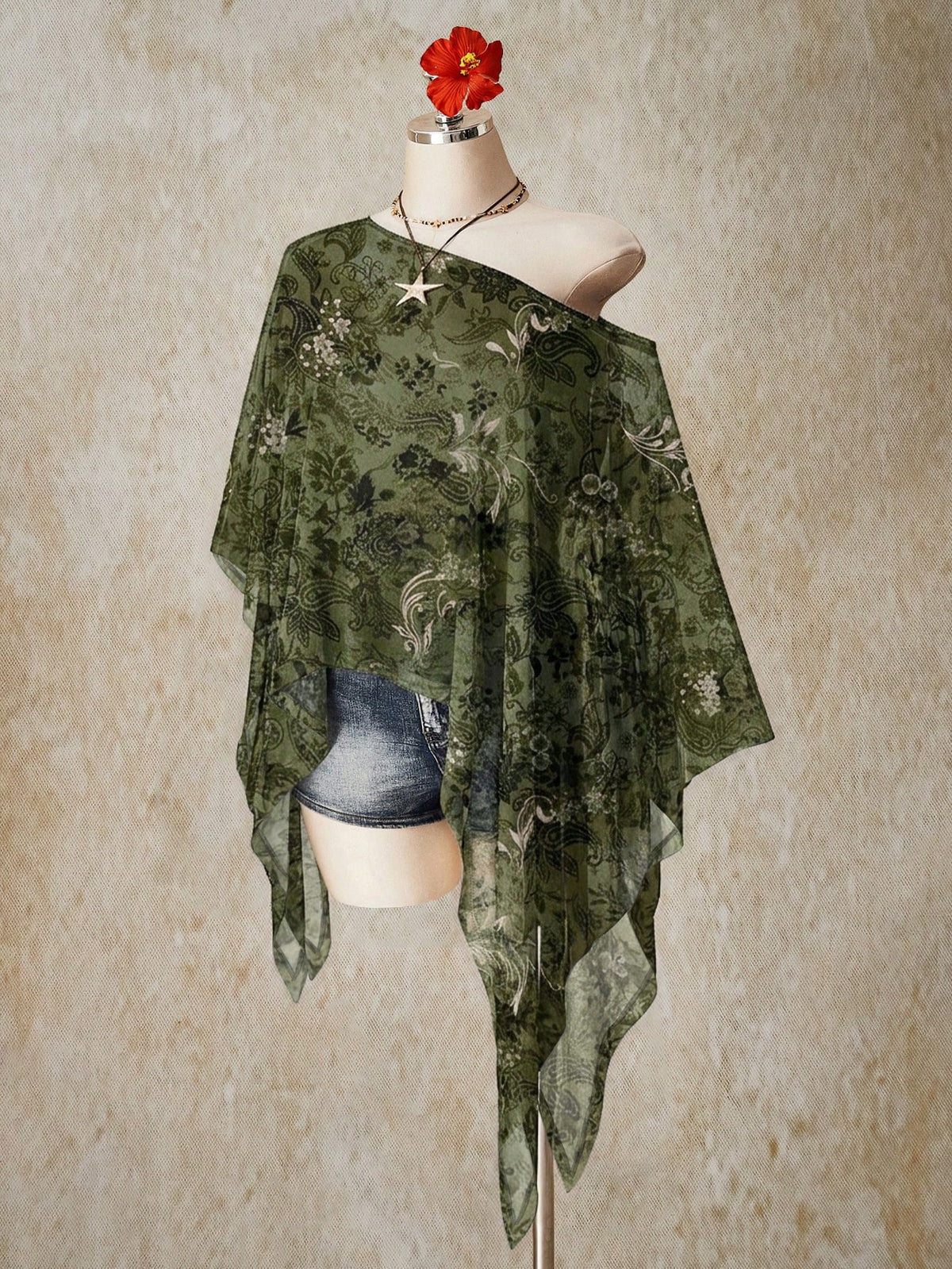 ICON Plus Size Women's Vacation Casual Boho Floral Print Asymmetric Mesh Top Vacation Army Green Summer
