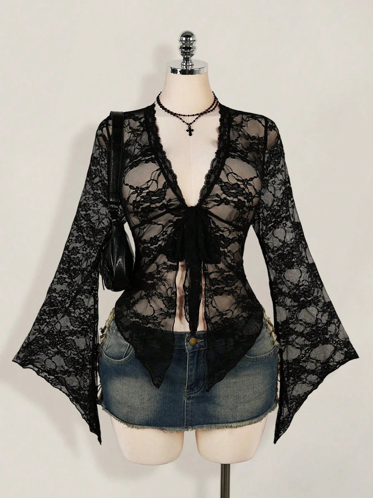 ICON Plus Size Y2K Women's Western Country Concert Boho Hippie Goth Sheer Burgundy Sexy Lace Twist Front Long Sleeve Cardigan, Suitable For Halloween Fall
