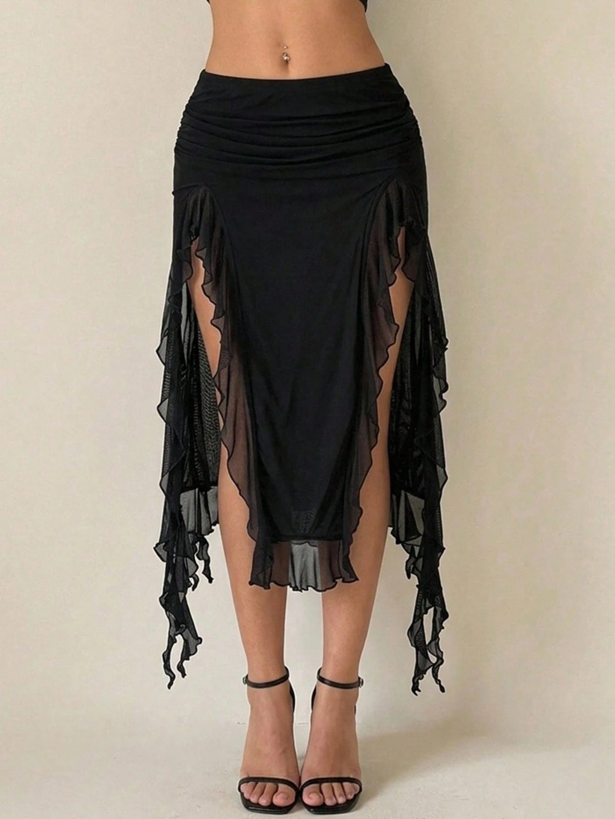ICON Summer Fashion Solid Color Ruffle Hem High Slit Skirt Brown Skirt Ruffle Skirt