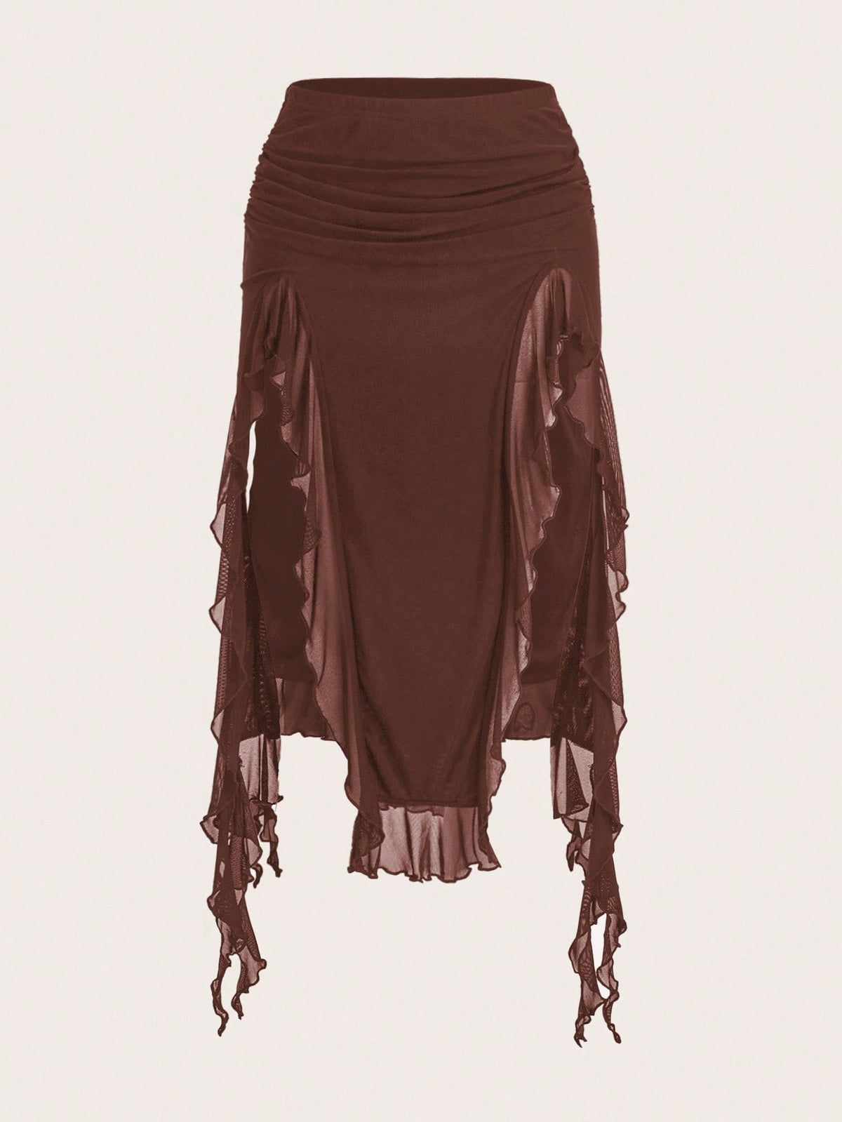 ICON Summer Fashion Solid Color Ruffle Hem High Slit Skirt Brown Skirt Ruffle Skirt
