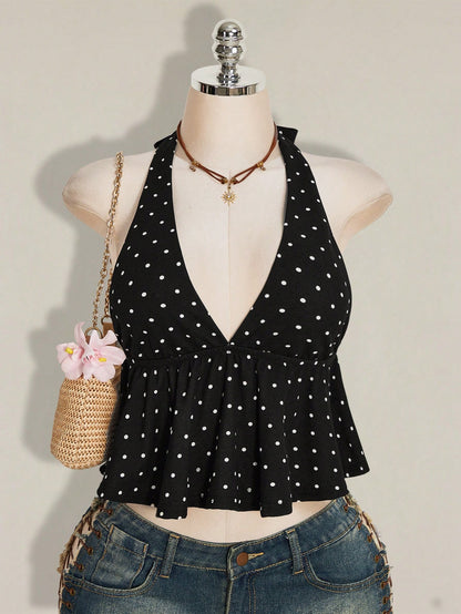 ICON Summer Women's Going Out Sexy Holiday Polka Dot Print Ruffle Hem Halter Neck Camisole
