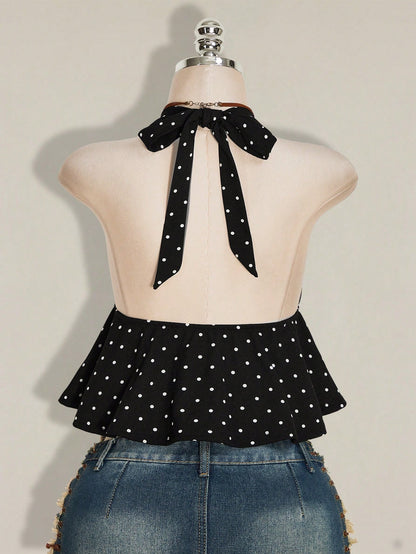 ICON Summer Women's Going Out Sexy Holiday Polka Dot Print Ruffle Hem Halter Neck Camisole
