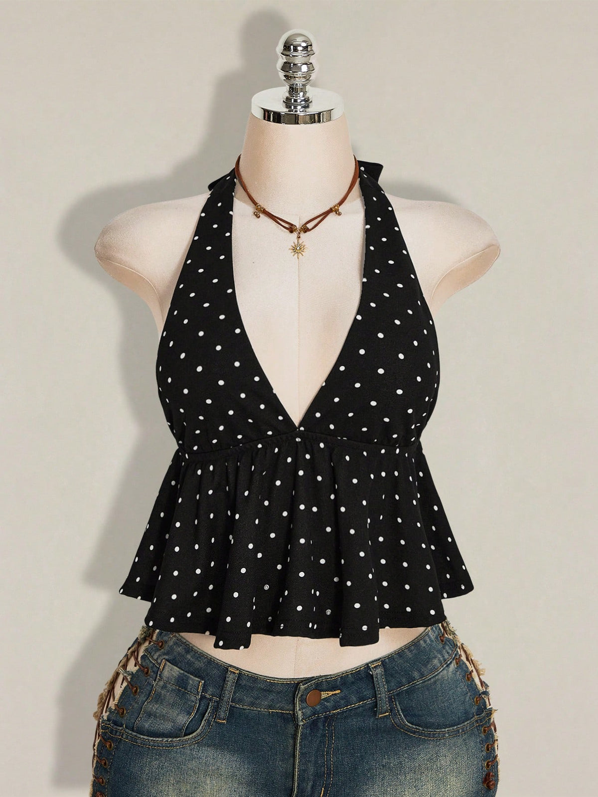 ICON Summer Women's Going Out Sexy Holiday Polka Dot Print Ruffle Hem Halter Neck Camisole