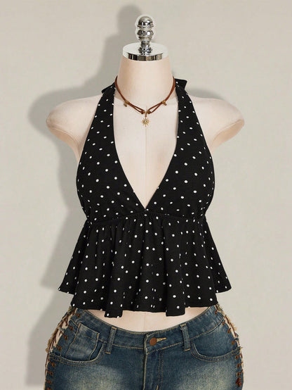 ICON Summer Women's Going Out Sexy Holiday Polka Dot Print Ruffle Hem Halter Neck Camisole