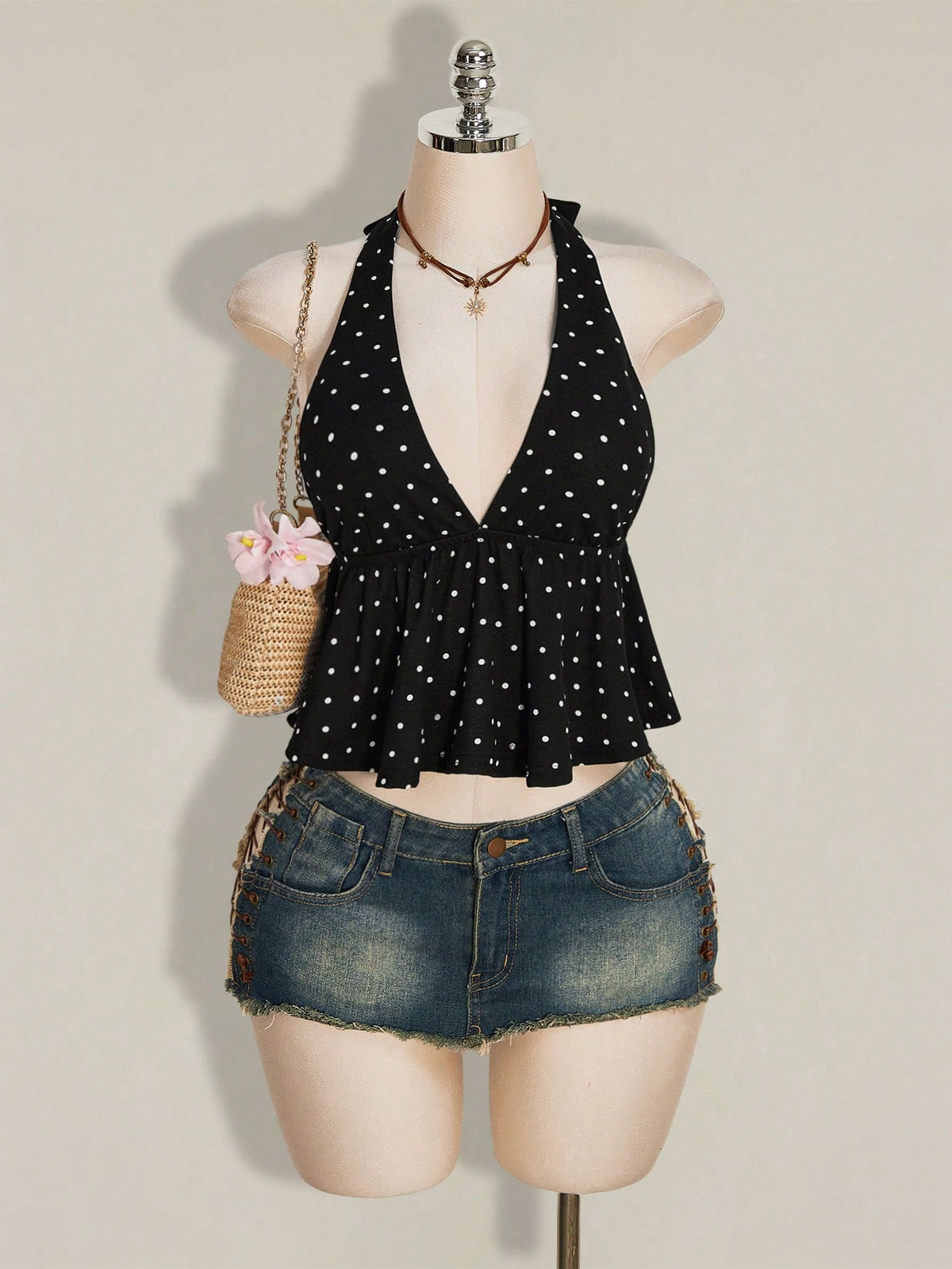 ICON Summer Women's Going Out Sexy Holiday Polka Dot Print Ruffle Hem Halter Neck Camisole