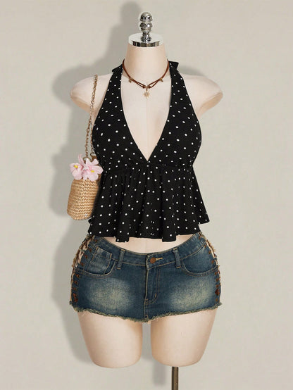 ICON Summer Women's Going Out Sexy Holiday Polka Dot Print Ruffle Hem Halter Neck Camisole