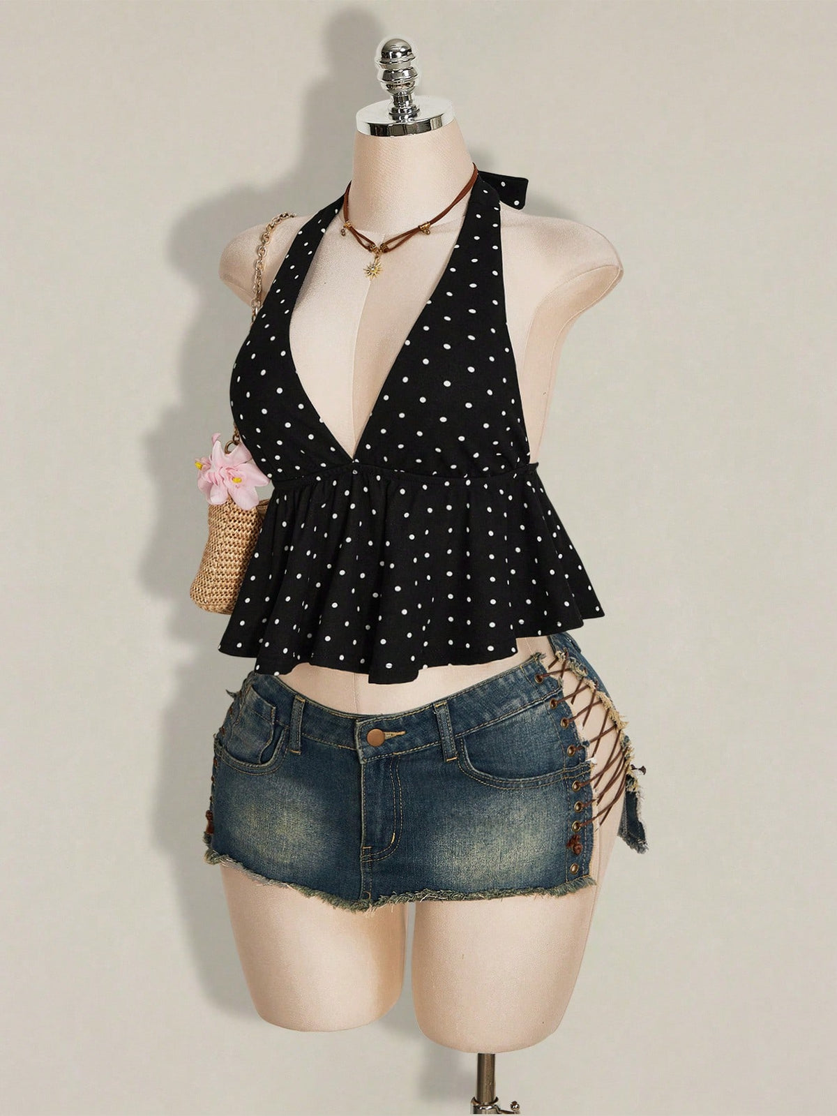 ICON Summer Women's Going Out Sexy Holiday Polka Dot Print Ruffle Hem Halter Neck Camisole
