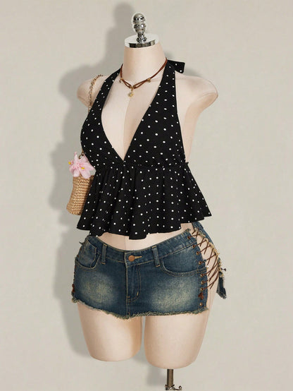 ICON Summer Women's Going Out Sexy Holiday Polka Dot Print Ruffle Hem Halter Neck Camisole