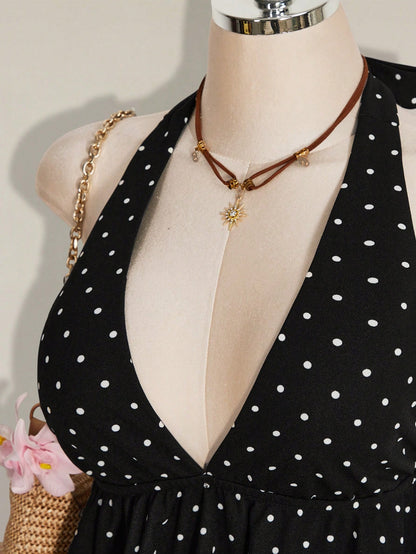 ICON Summer Women's Going Out Sexy Holiday Polka Dot Print Ruffle Hem Halter Neck Camisole