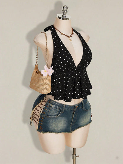 ICON Summer Women's Going Out Sexy Holiday Polka Dot Print Ruffle Hem Halter Neck Camisole