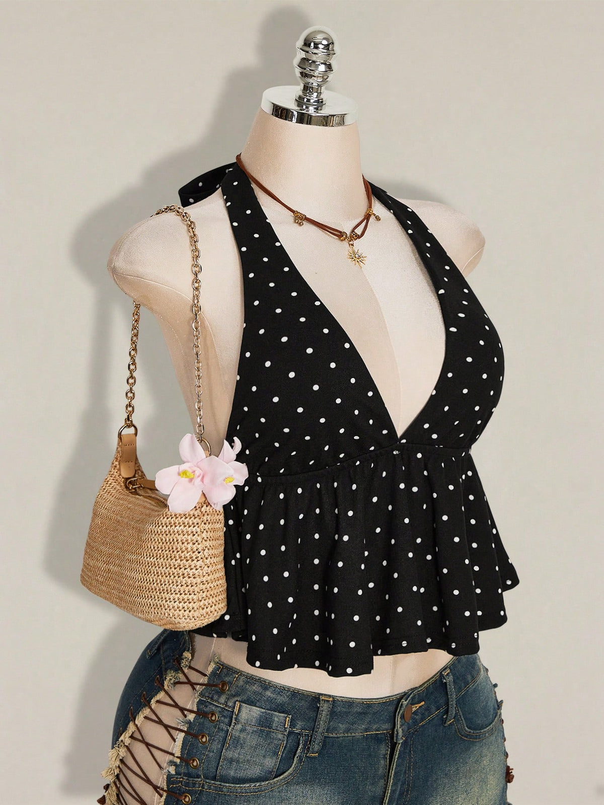 ICON Summer Women's Going Out Sexy Holiday Polka Dot Print Ruffle Hem Halter Neck Camisole