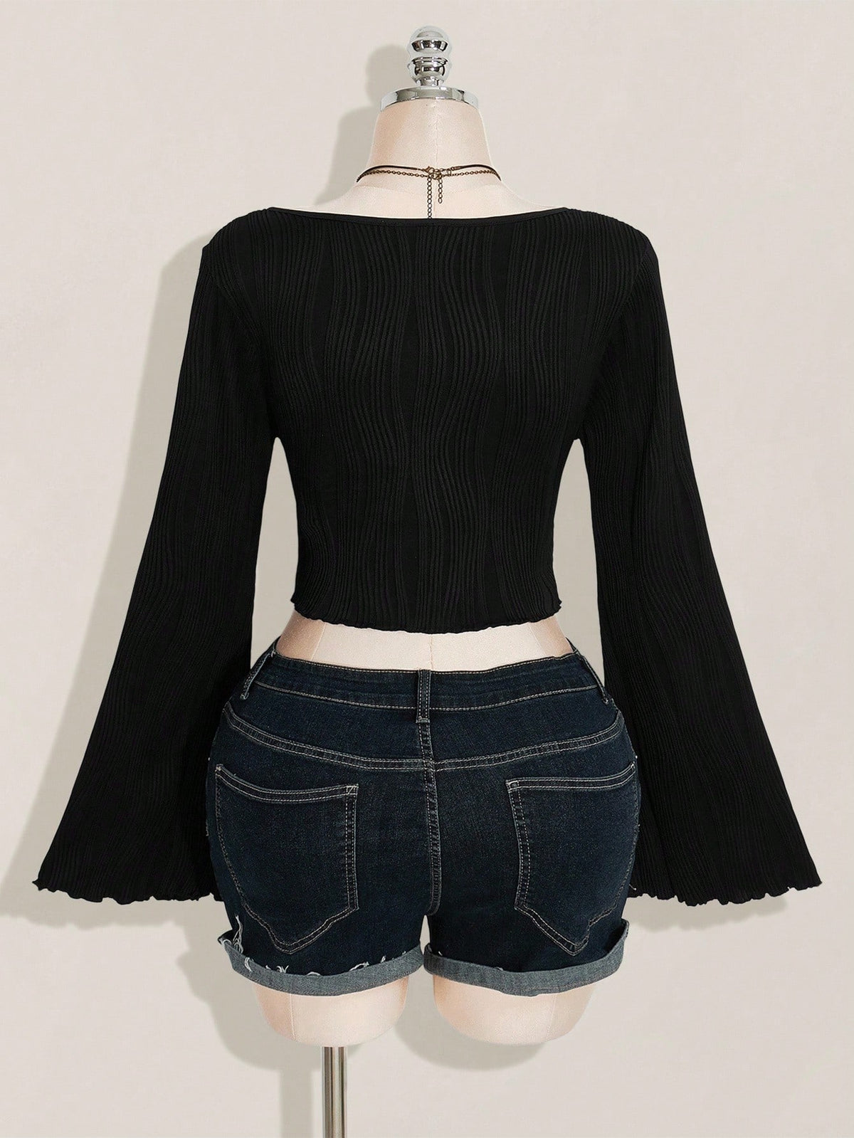 ICON Women's Plus Size Black Autumn Boho Night Out Club Retro Y2K Knitted Front Bow Tie Flared Long Sleeves Asymmetrical Hem Top Fall