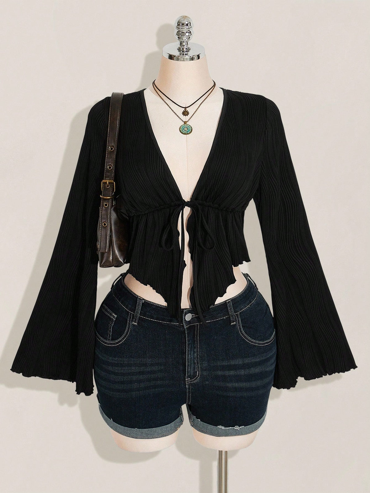 ICON Women's Plus Size Black Autumn Boho Night Out Club Retro Y2K Knitted Front Bow Tie Flared Long Sleeves Asymmetrical Hem Top Fall