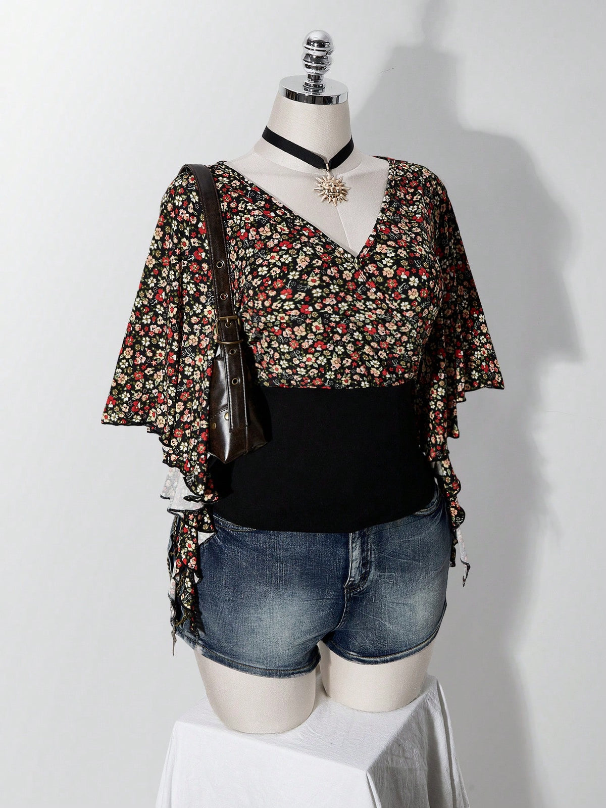 ICON Women's Plus Size Floral Patchwork Ruffle Trim T-Shirt