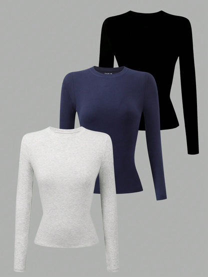 INAWLY 3-Piece Set Women's Solid Color Long Sleeve Crew Neck T-Shirts Fall Cloth For Women