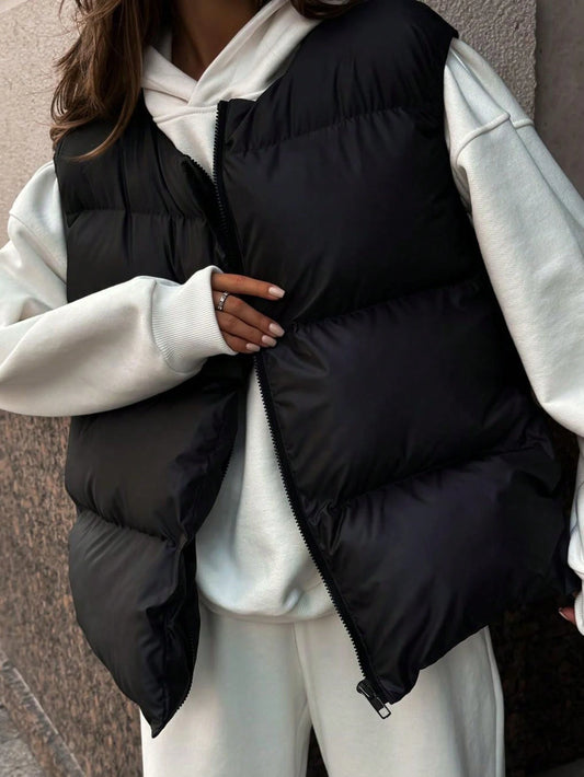 INAWLY Plus Size Women's Black Cotton Padded Vest, Warm Puffer Vest Jacket For Autumn/Winter Fall