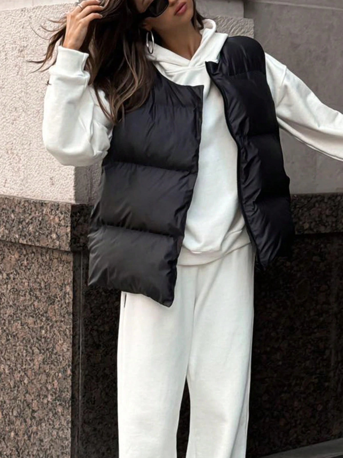 INAWLY Plus Size Women's Black Cotton Padded Vest, Warm Puffer Vest Jacket For Autumn/Winter Fall