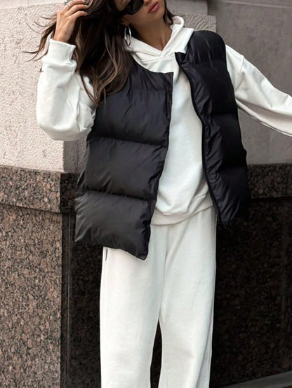 INAWLY Plus Size Women's Black Cotton Padded Vest, Warm Puffer Vest Jacket For Autumn/Winter Fall